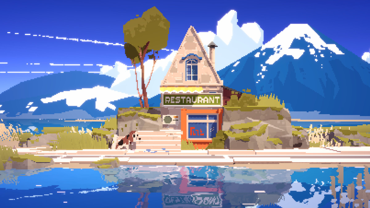 Summerhouse 中令人心旷神怡的图片：一座山前有一家像素化餐厅，前面有一片湖泊