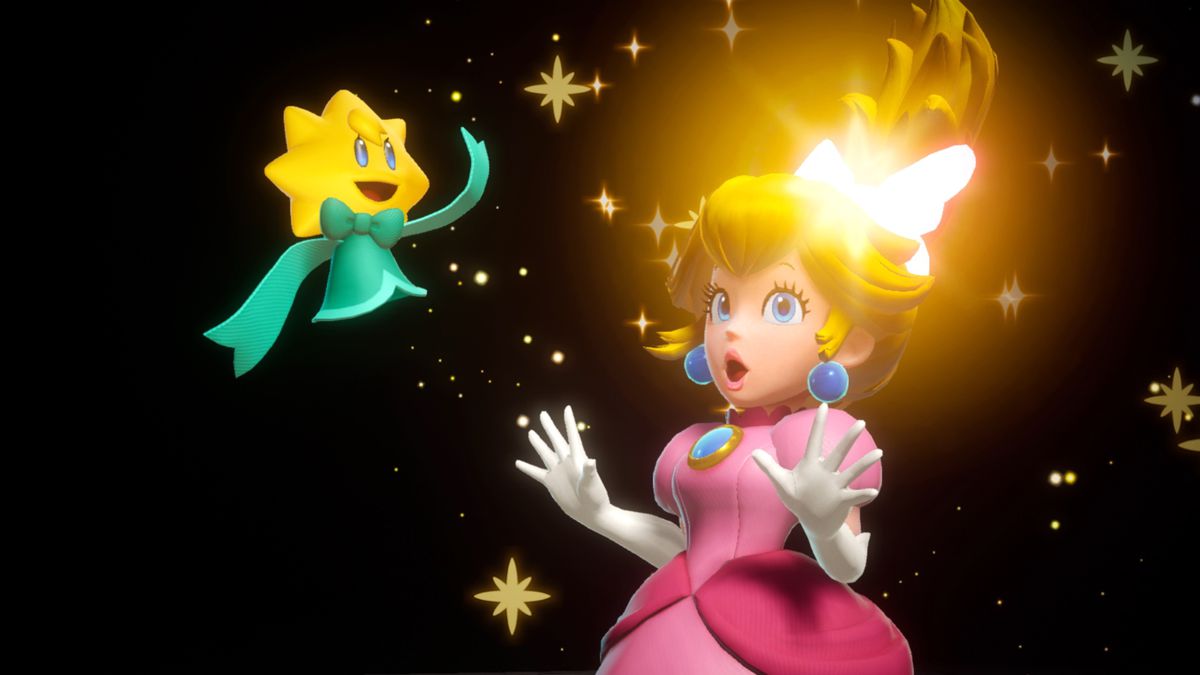 在《桃子公主：表演时刻！》的截图中，斯特拉使用魔法为桃子的丝带注入了力量。