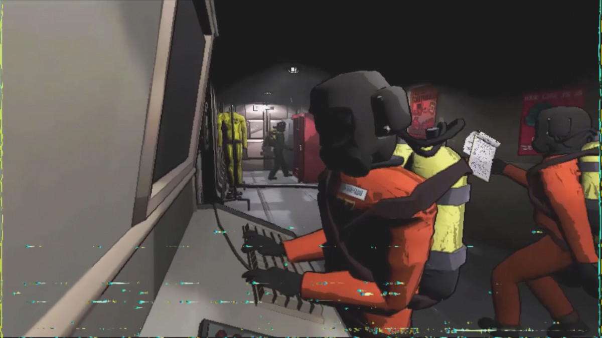 这是视频游戏《致命连队》中的一张图片，其中有一个太空探险家的初级头像，身穿橙色套装，在电脑控制台上打字，附近还有其他类似装饰的头像。